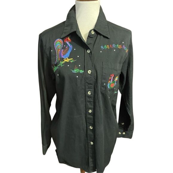 Quacker Factory Vintage 90’s Black Long Sleeve Button Down Shirt Embroidered Roo - Picture 8 of 16